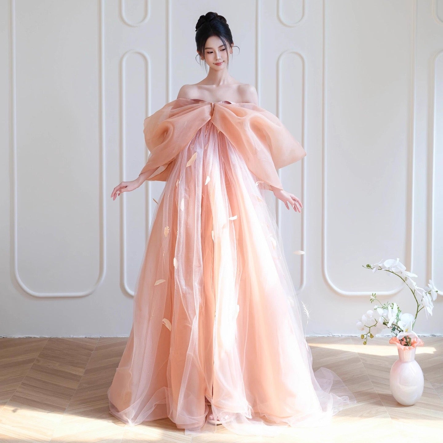 Peach Tulle Feather-Detailed Gown