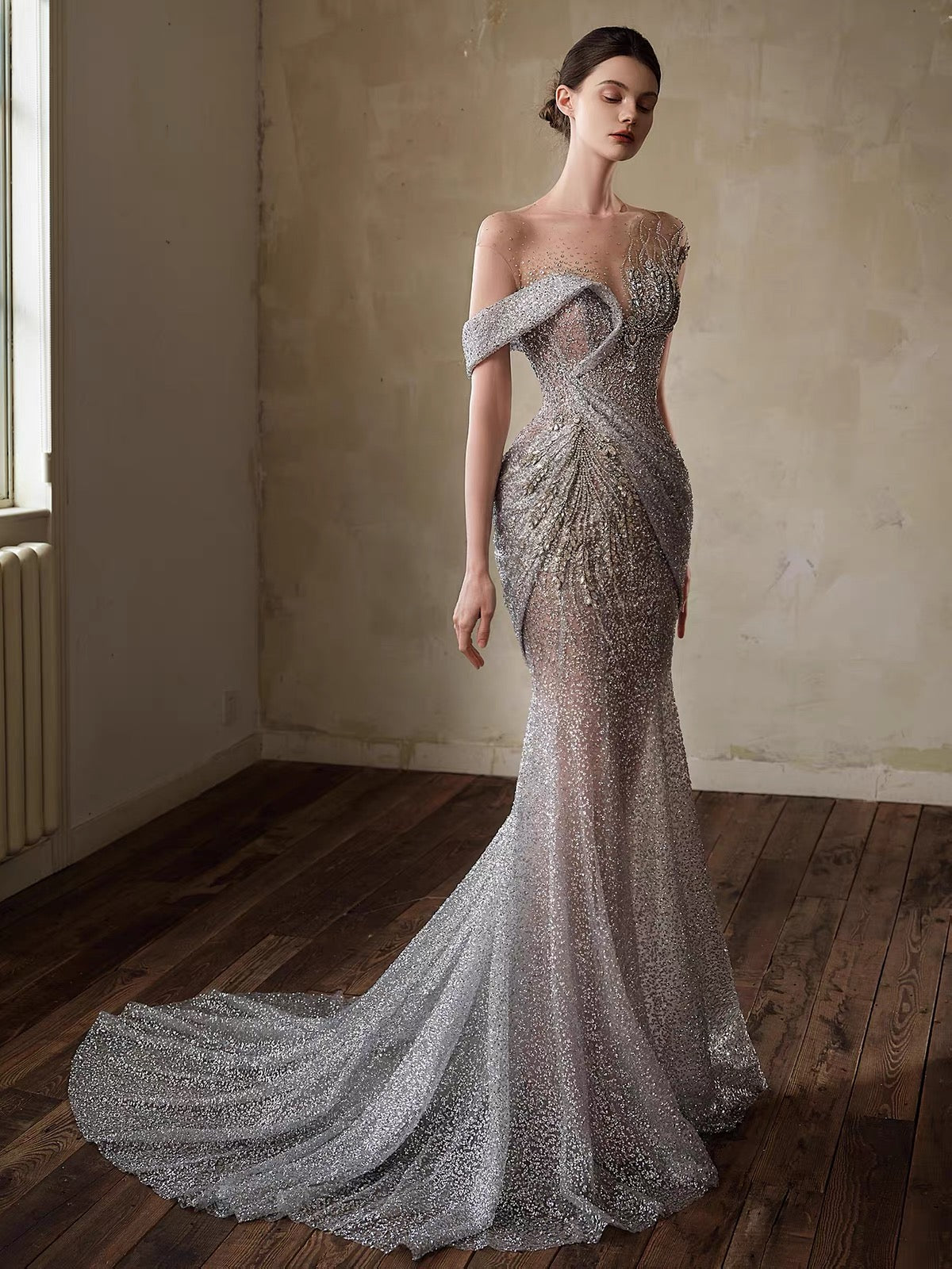 Semi-Sheer Pearl Basque Ball Gown