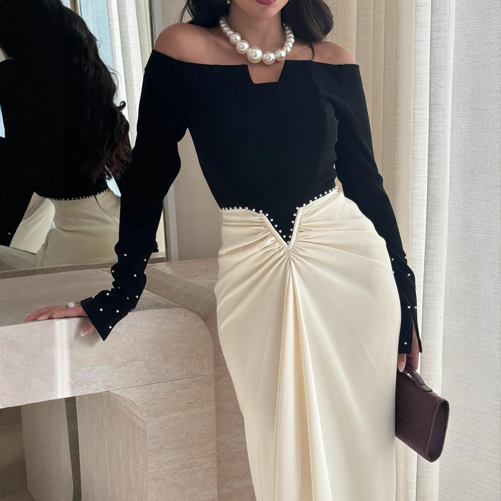 The Monochrome Pearl-Accent Maxi Ensemble Dress