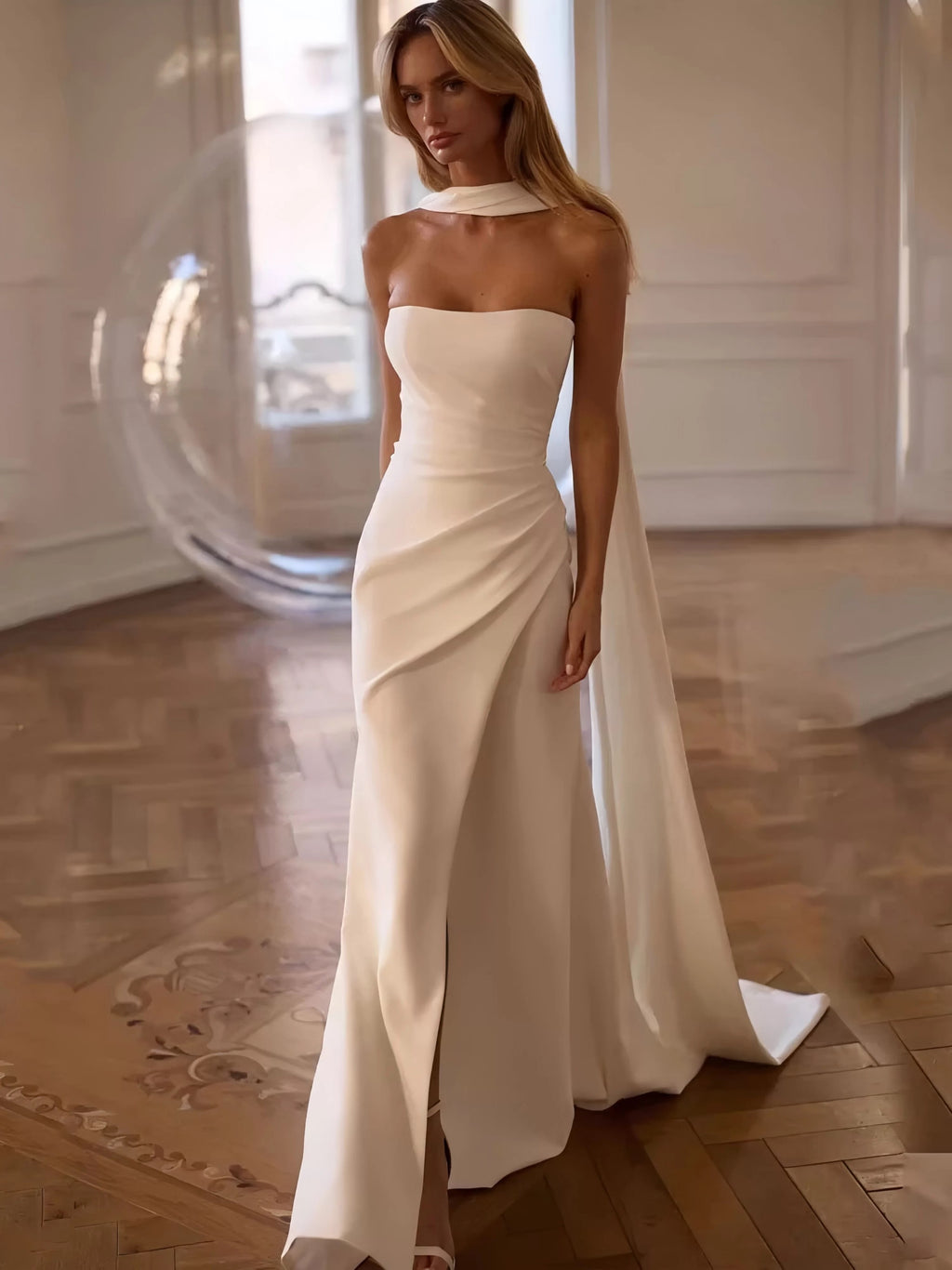 Minimalist Column Gown with Scarf-Cape Dress