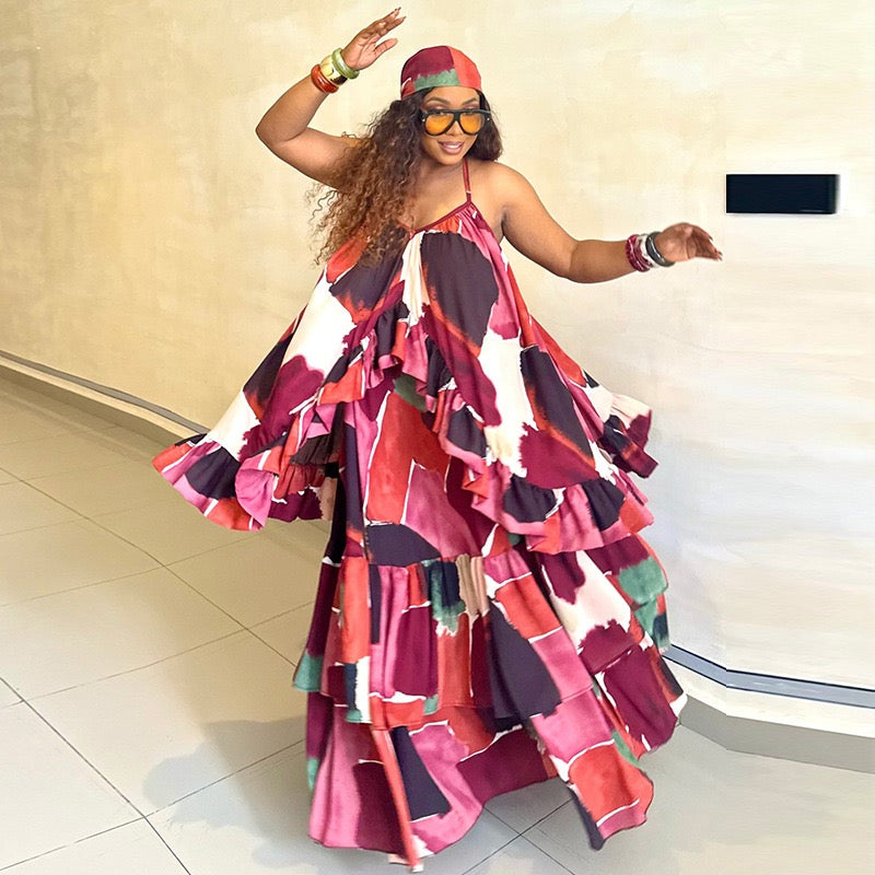 Abstract Pattern Tiered Maxi Dress