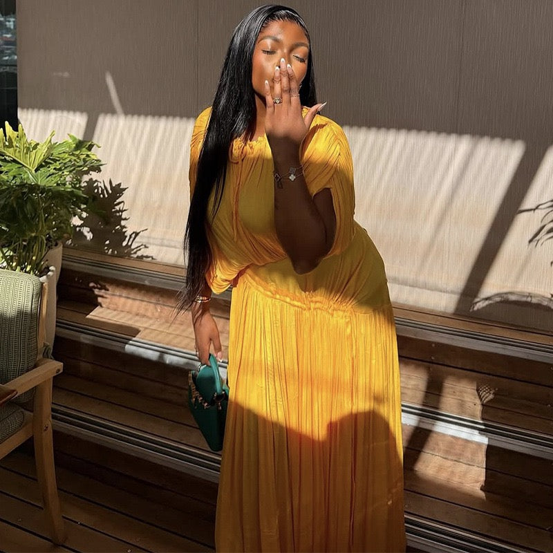 Yellow Pleated Maxi Dress