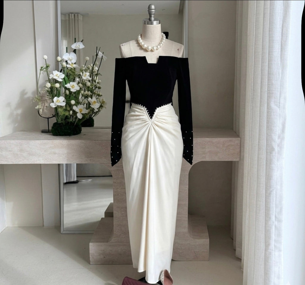 The Monochrome Pearl-Accent Maxi Ensemble Dress