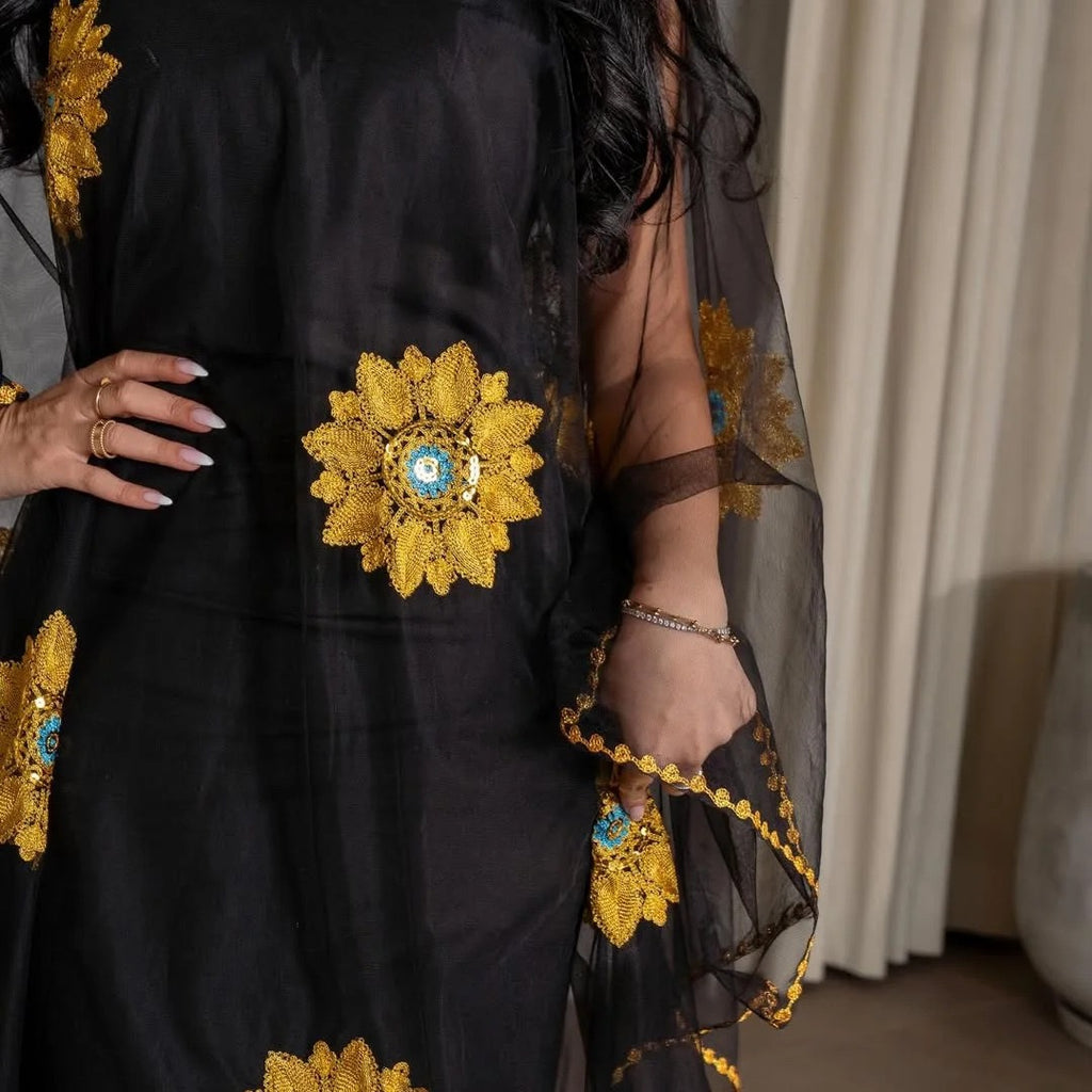 The Sunflower-Embellished Abaya Ensemble Dress