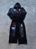 Gothic Grunge Graphic Zip-Up Hoodie & Wide-Leg Sweatpants Set