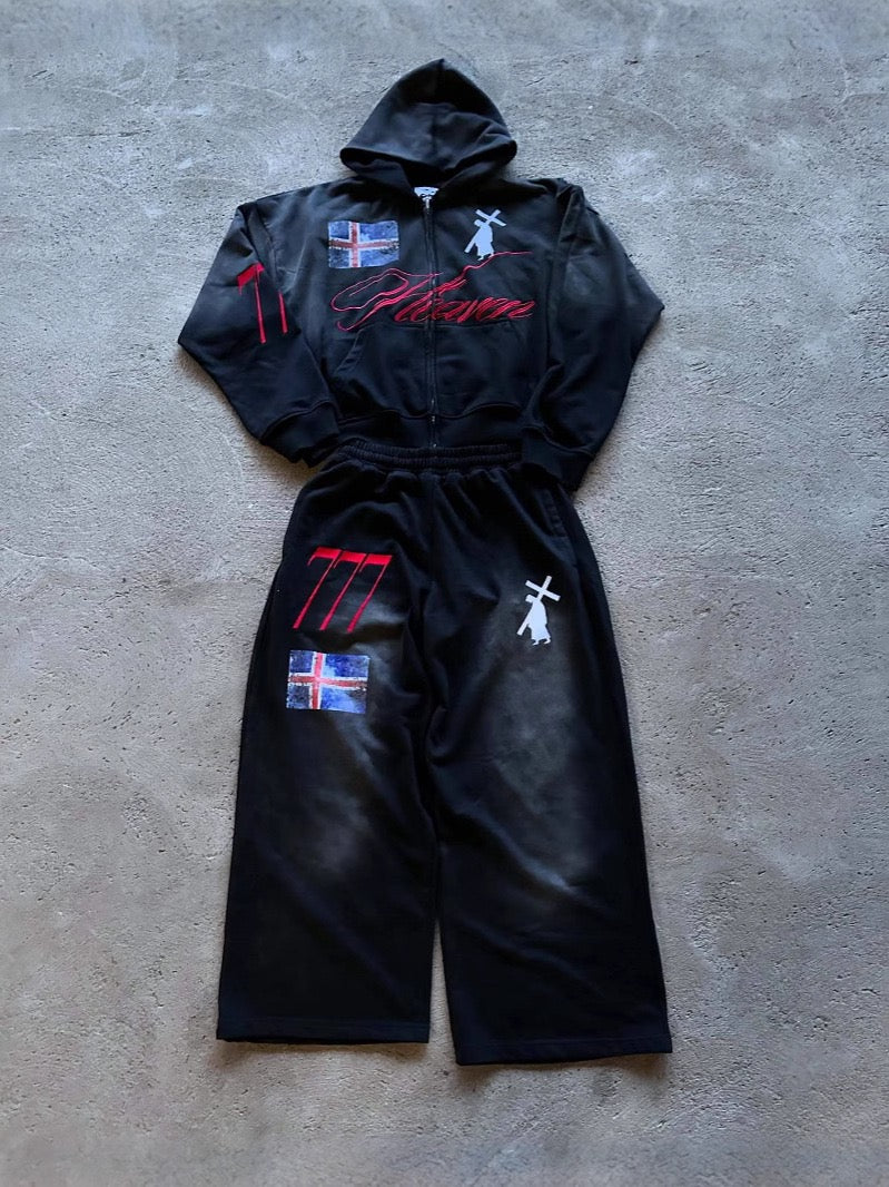 Gothic Grunge Graphic Zip-Up Hoodie & Wide-Leg Sweatpants Set